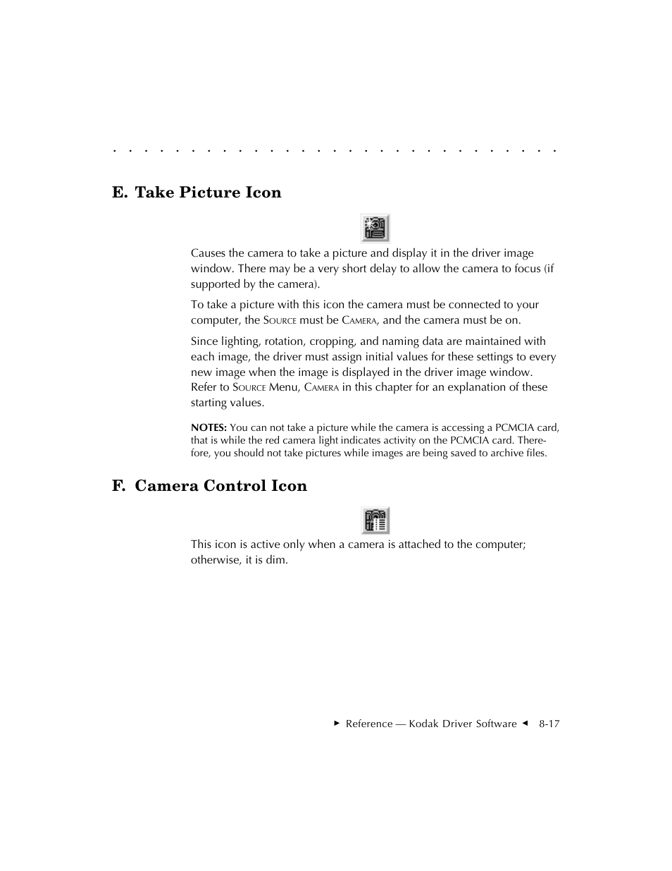 E. take picture icon, F. camera control icon | Kodak DCS 410 User Manual | Page 213 / 322