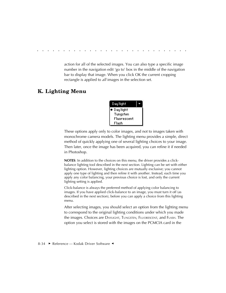 K. lighting menu | Kodak DCS 410 User Manual | Page 230 / 322