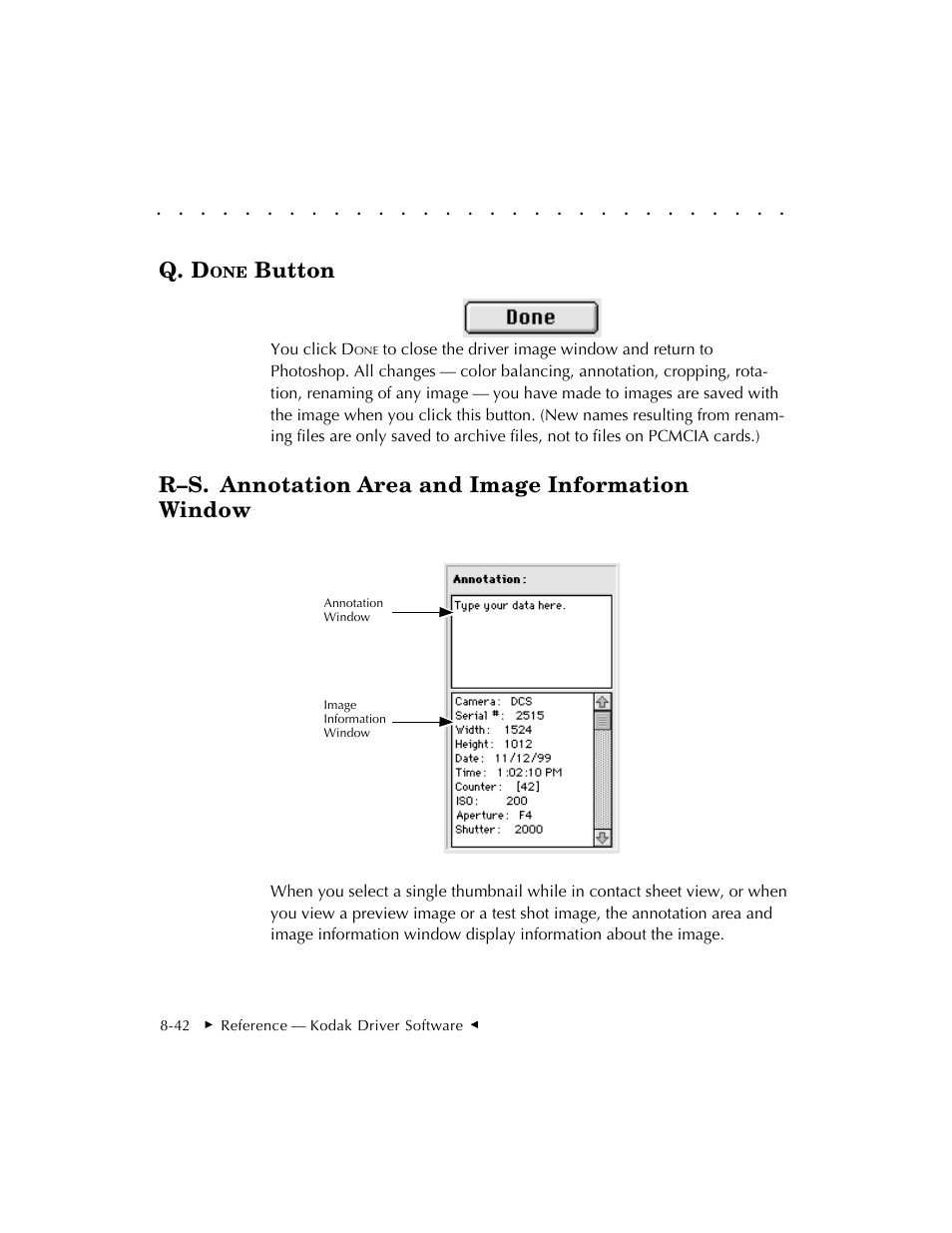 Q. d, Button, R–s. annotation area and image information window | Kodak DCS 410 User Manual | Page 238 / 322