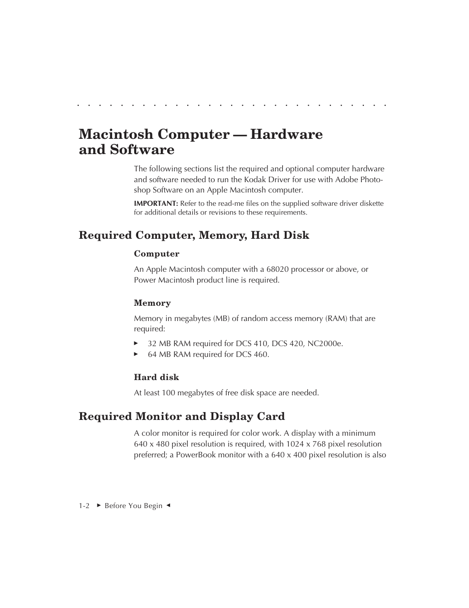 Macintosh computer — hardware and software, Required monitor and display card | Kodak DCS 410 User Manual | Page 28 / 322