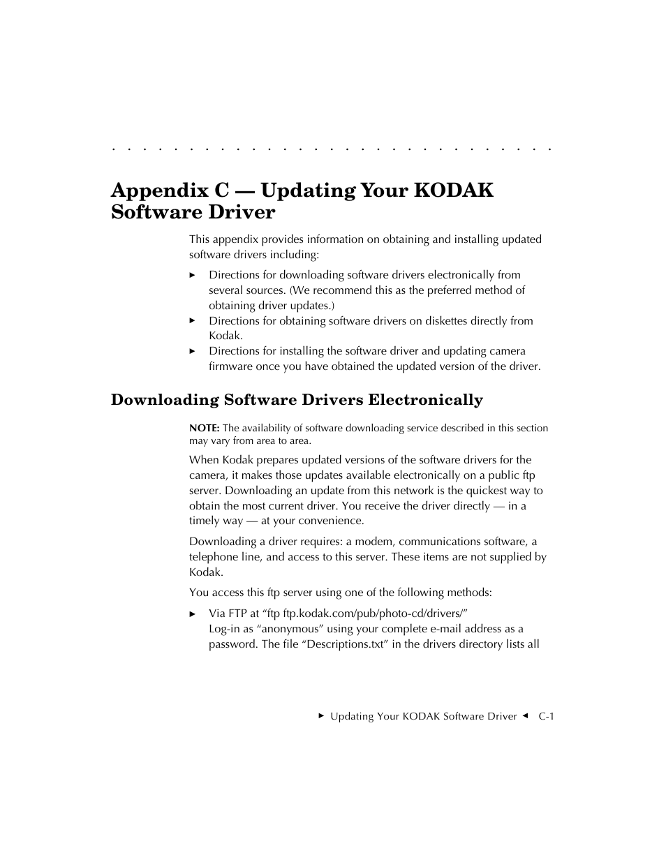 Appendix c — updating your kodak software driver, Downloading software drivers electronically | Kodak DCS 410 User Manual | Page 291 / 322