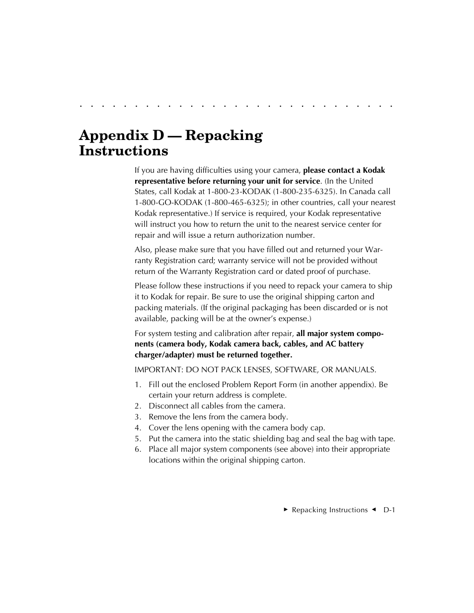 Appendix d — repacking instructions | Kodak DCS 410 User Manual | Page 295 / 322