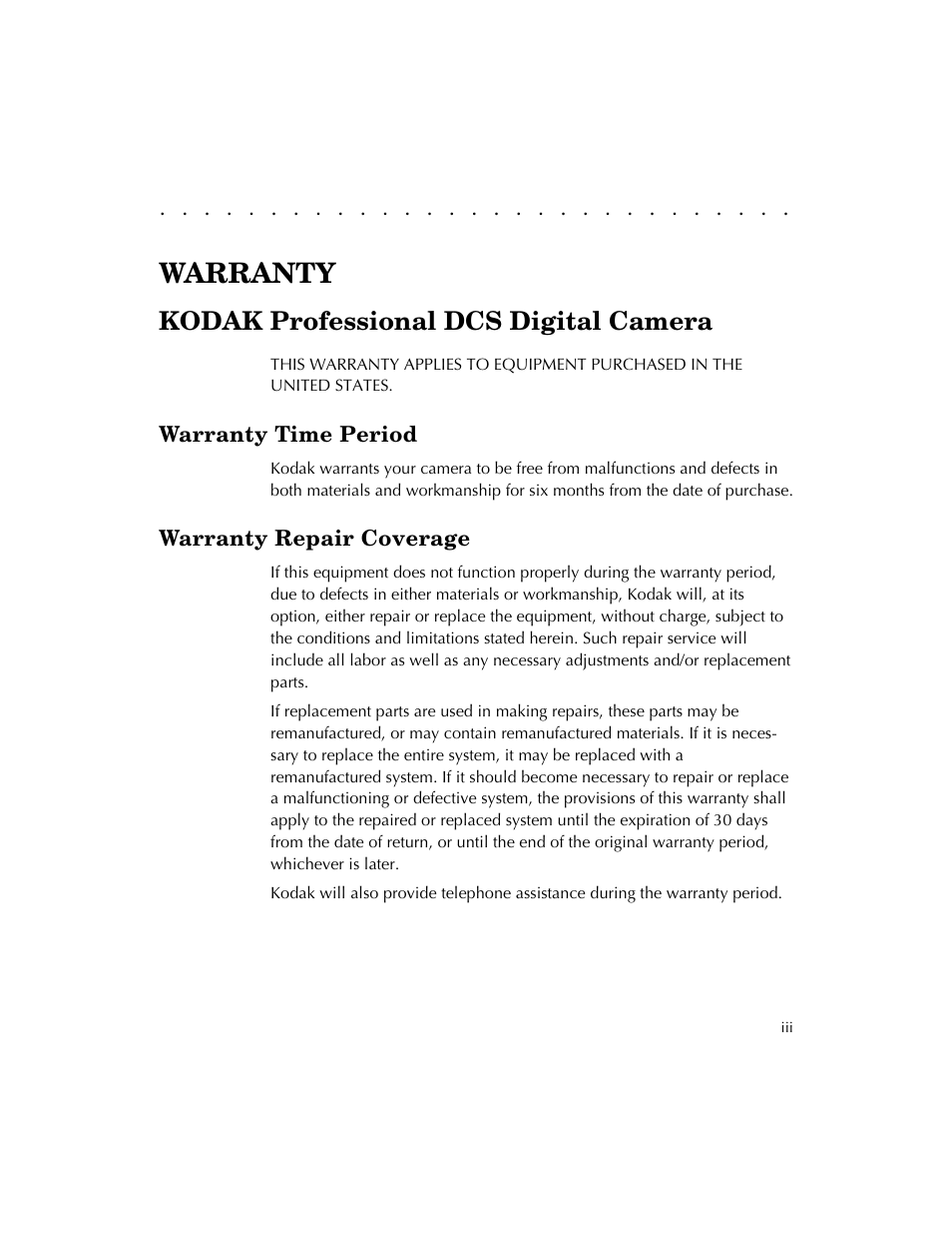 Warranty, Kodak professional dcs digital camera | Kodak DCS 410 User Manual | Page 3 / 322