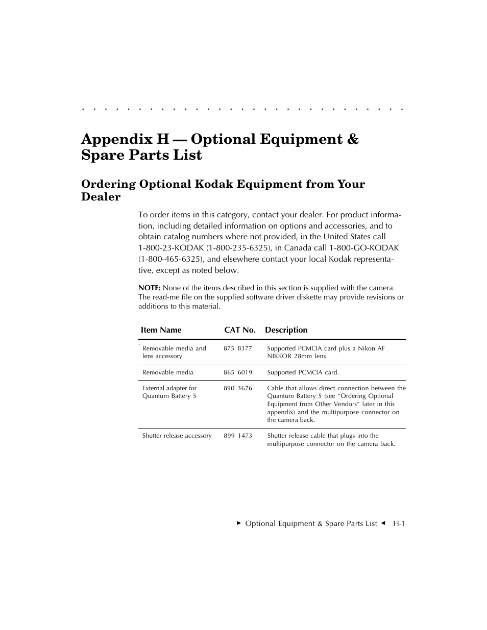 Appendix h — optional equipment & spare parts list, Ordering optional kodak equipment from your dealer | Kodak DCS 410 User Manual | Page 303 / 322