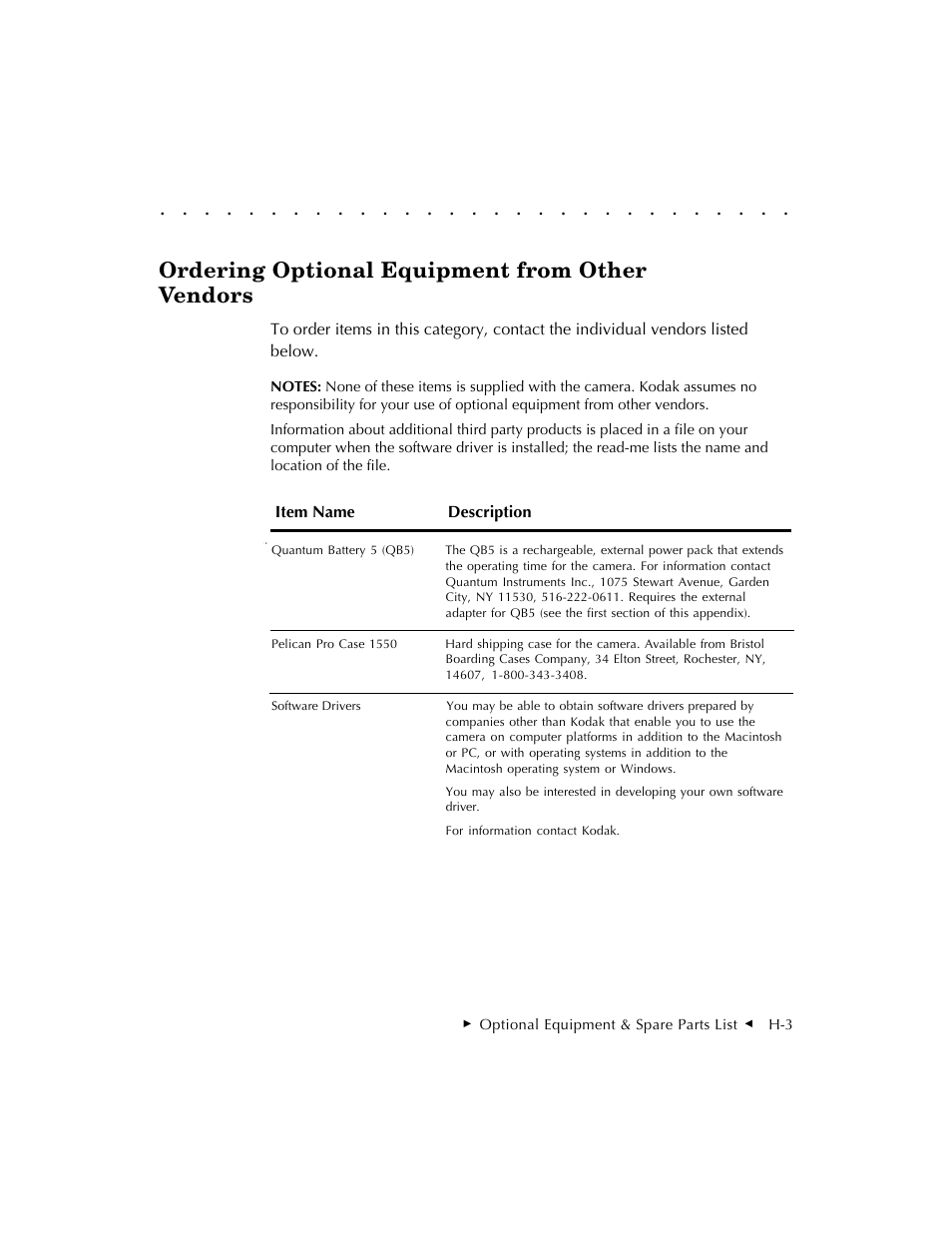 Ordering optional equipment from other vendors | Kodak DCS 410 User Manual | Page 305 / 322