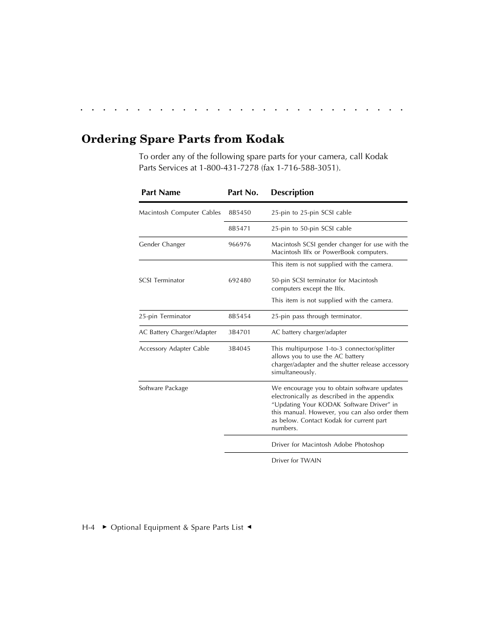 Ordering spare parts from kodak | Kodak DCS 410 User Manual | Page 306 / 322