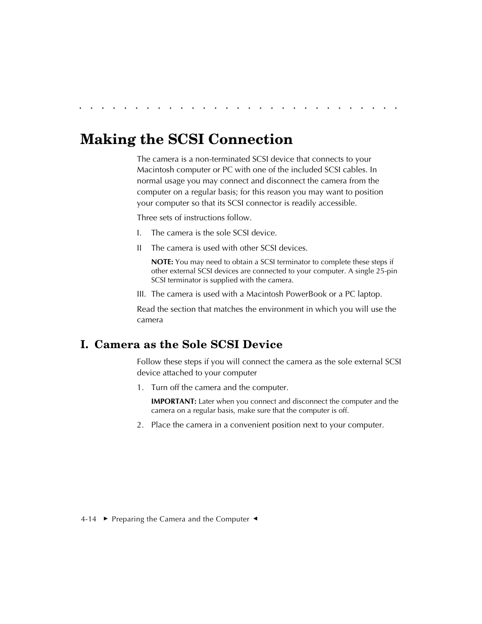 Making the scsi connection, I. camera as the sole scsi device | Kodak DCS 410 User Manual | Page 58 / 322