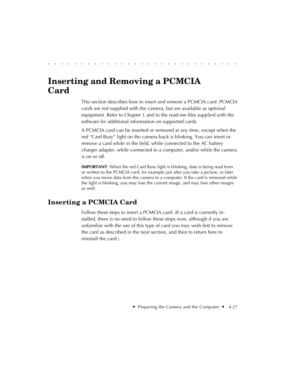 Inserting and removing a pcmcia card | Kodak DCS 410 User Manual | Page 71 / 322