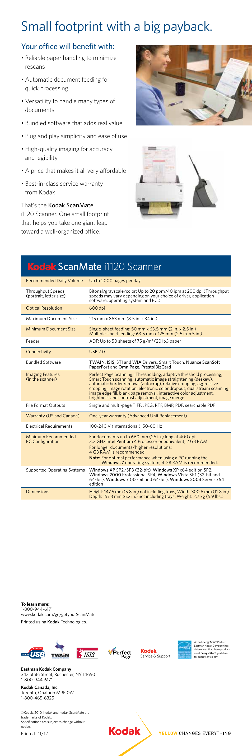 Small footprint with a big payback, Scanmate i1120 scanner, Your office will benefit with | Kodak i1120 User Manual | Page 2 / 2