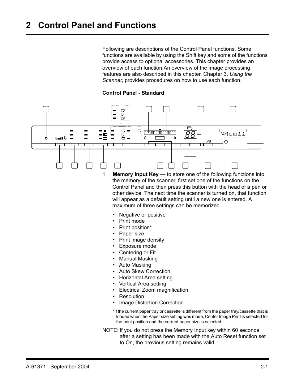 2 control panel and functions, Control panel - standard | Kodak 3000DSV-E User Manual | Page 16 / 73