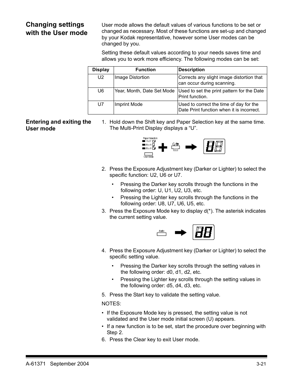 Changing settings with the user mode, Entering and exiting the user mode | Kodak 3000DSV-E User Manual | Page 44 / 73