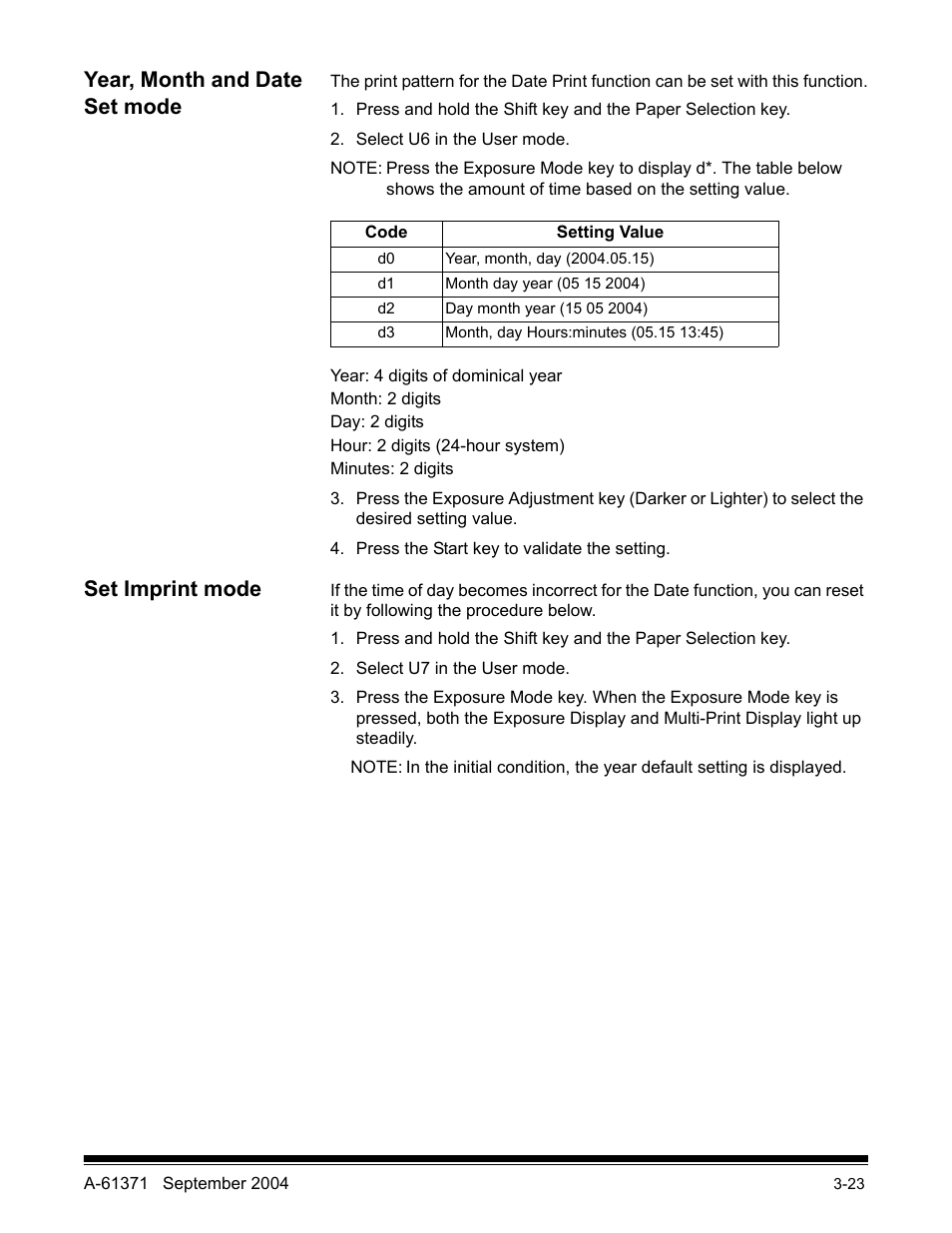 Year, month and date set mode, Set imprint mode | Kodak 3000DSV-E User Manual | Page 46 / 73