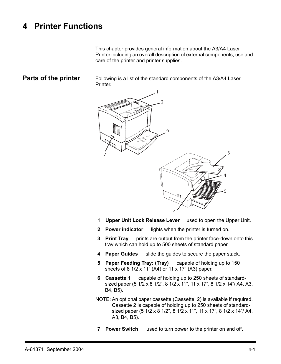 4 printer functions, Parts of the printer | Kodak 3000DSV-E User Manual | Page 48 / 73