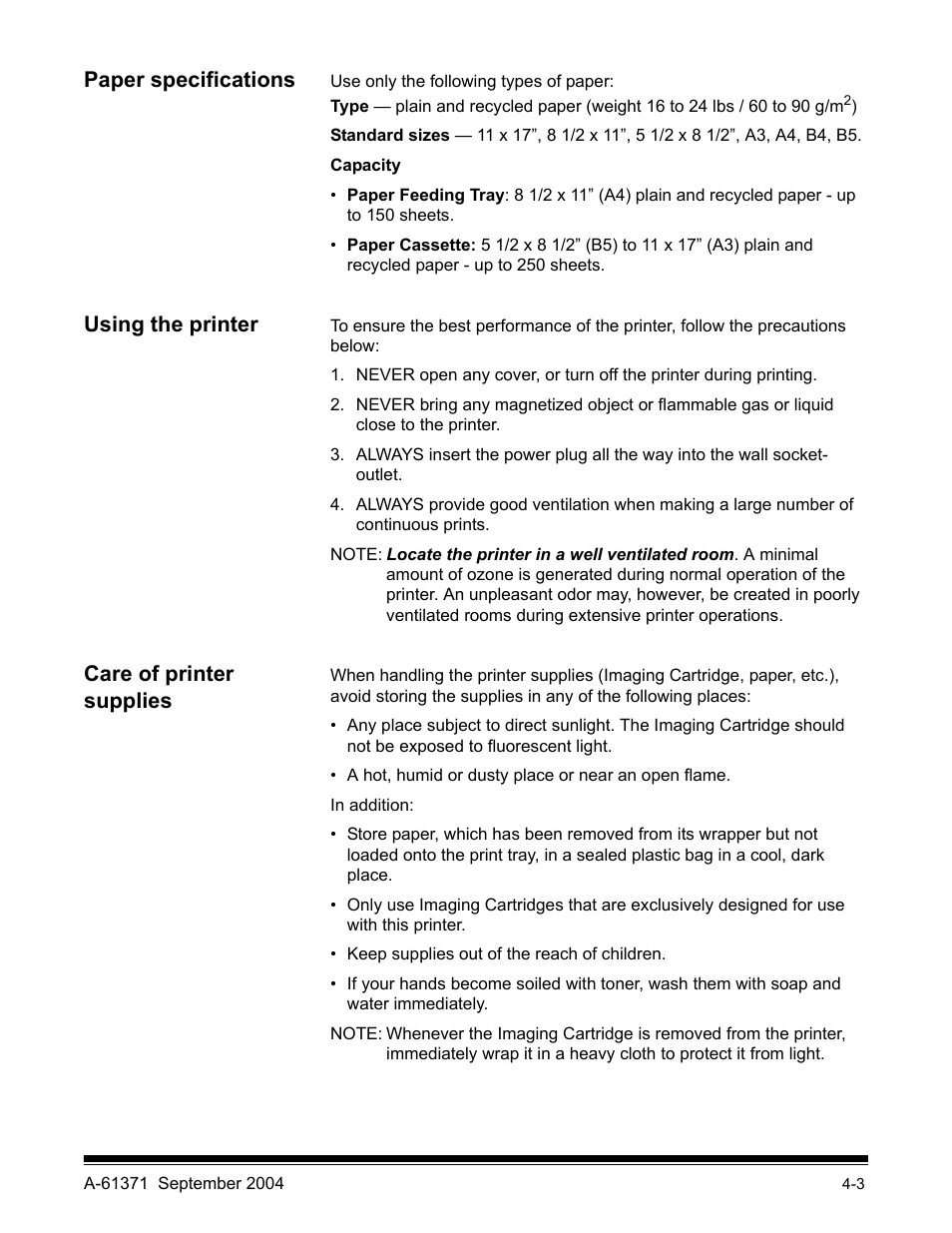 Paper specifications, Using the printer, Care of printer supplies | Kodak 3000DSV-E User Manual | Page 50 / 73