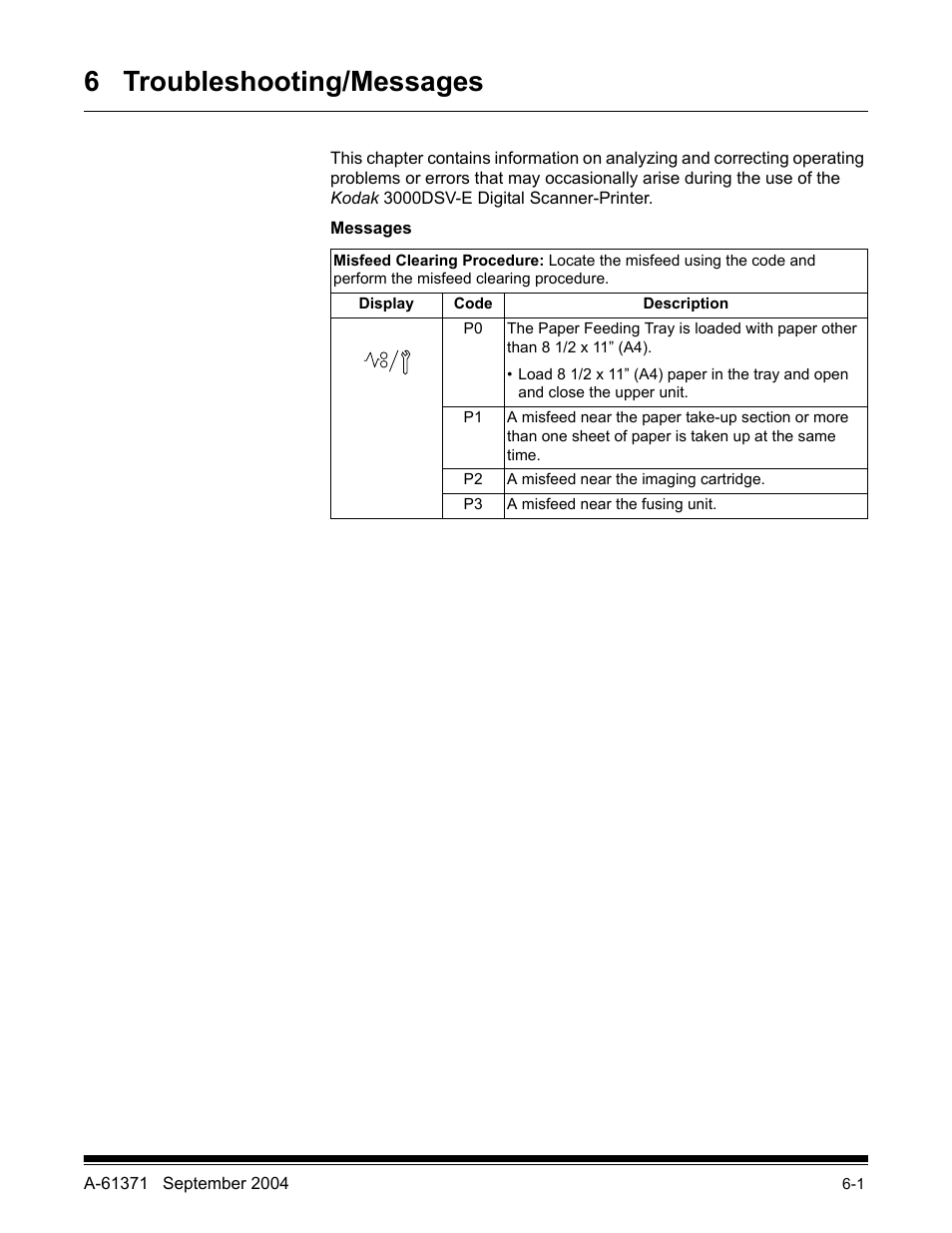 6 troubleshooting/messages | Kodak 3000DSV-E User Manual | Page 60 / 73