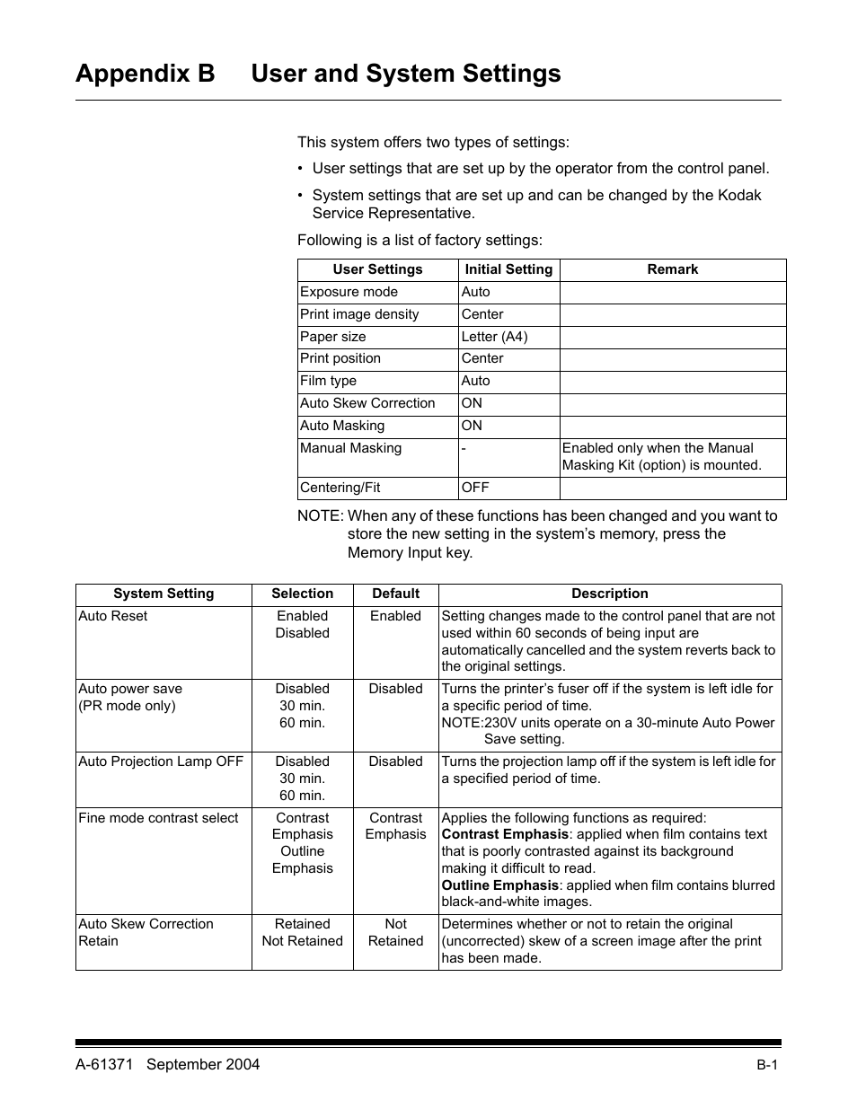 Appendix b user and system settings | Kodak 3000DSV-E User Manual | Page 70 / 73