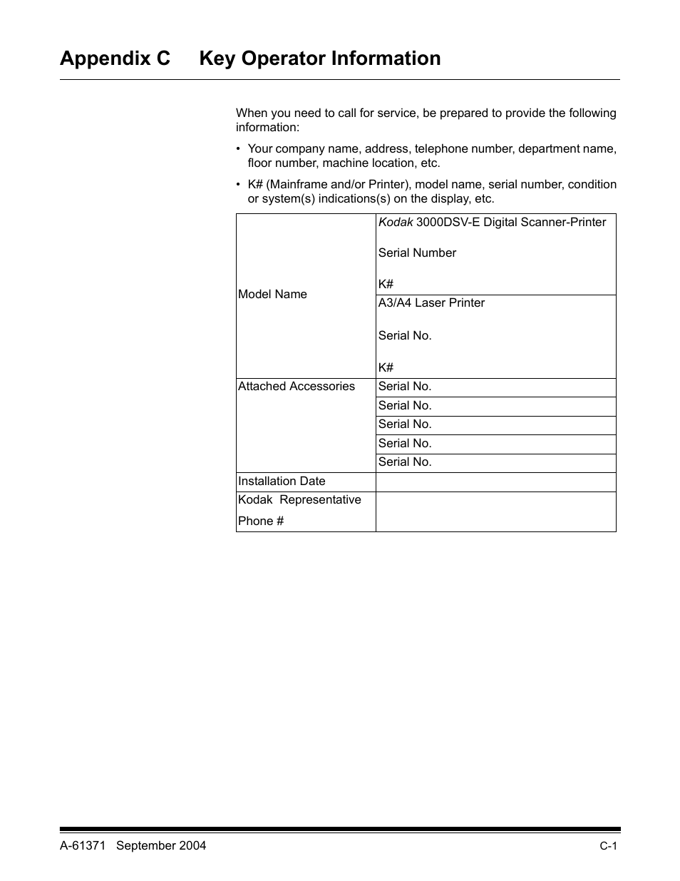 Appendix c key operator information | Kodak 3000DSV-E User Manual | Page 72 / 73