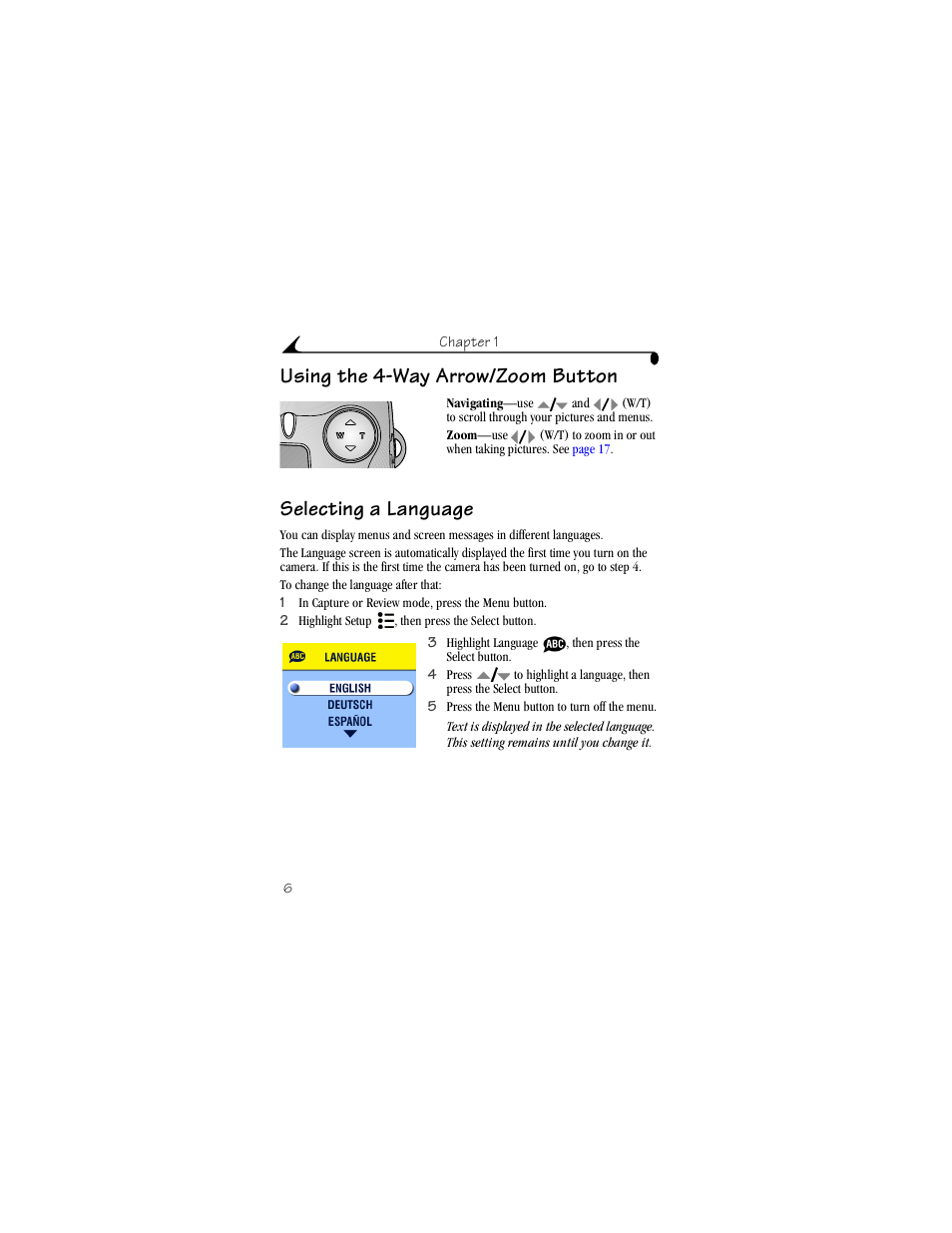 Using the 4-way arrow/zoom button, Selecting a language | Kodak CX4230 User Manual | Page 14 / 108