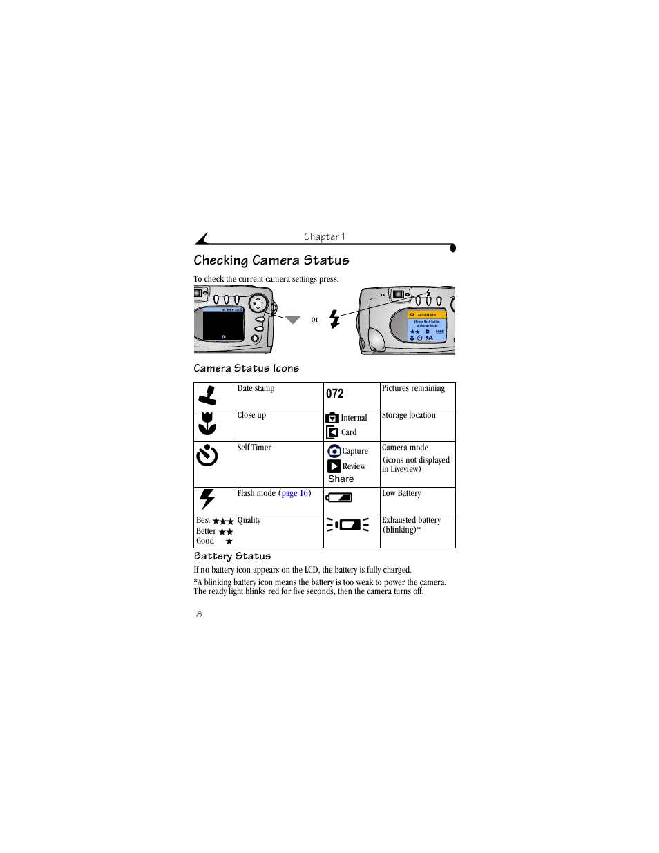 Checking camera status, Camera status icons, Battery status | Kodak CX4230 User Manual | Page 16 / 108