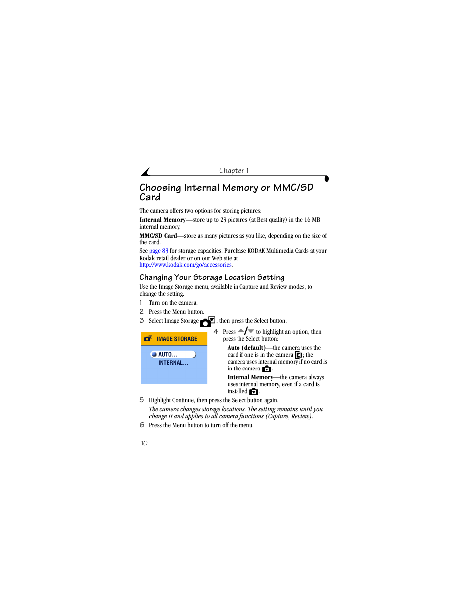 Choosing internal memory or mmc/sd card, Changing your storage location setting | Kodak CX4230 User Manual | Page 18 / 108