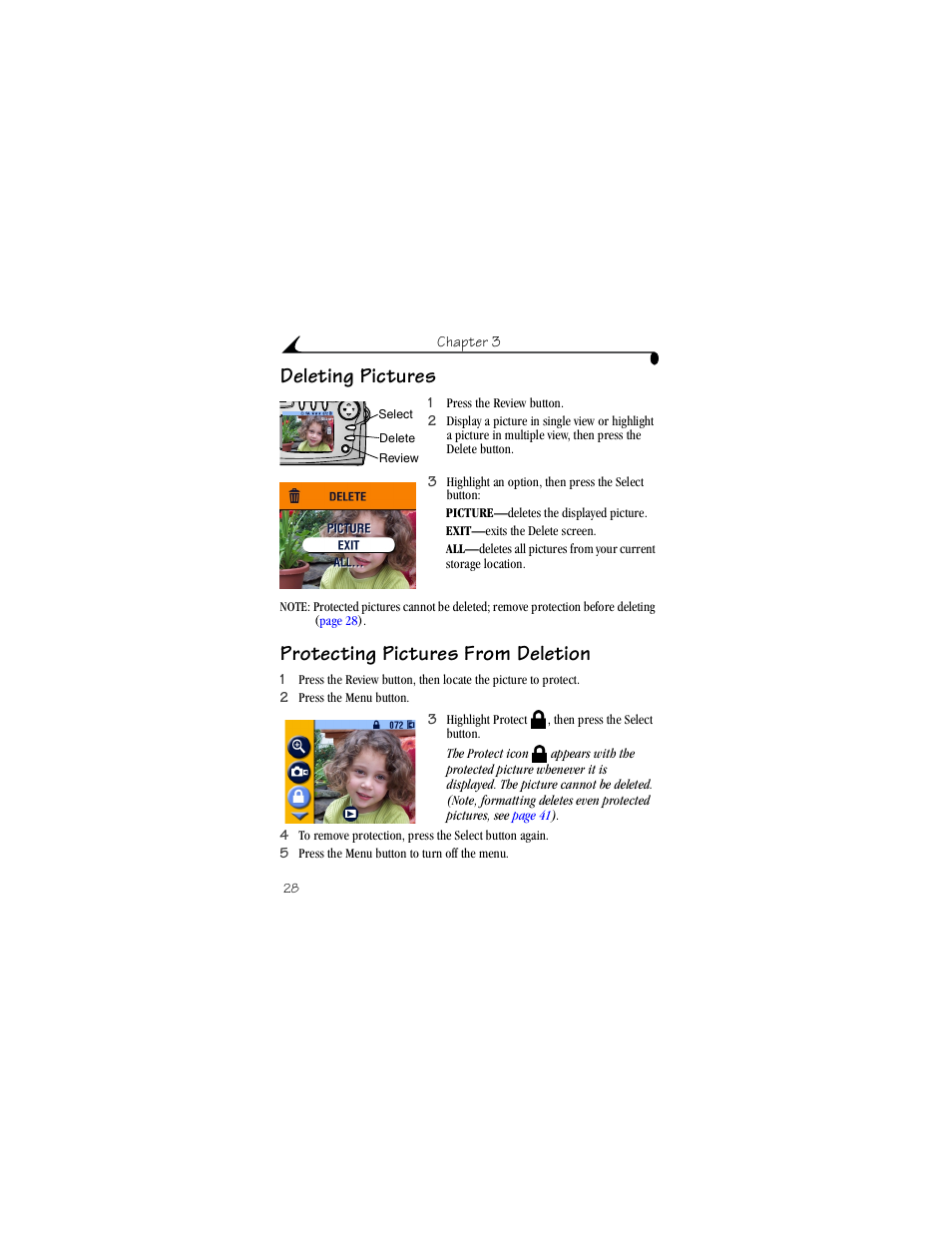 Deleting pictures, Protecting pictures from deletion | Kodak CX4230 User Manual | Page 36 / 108