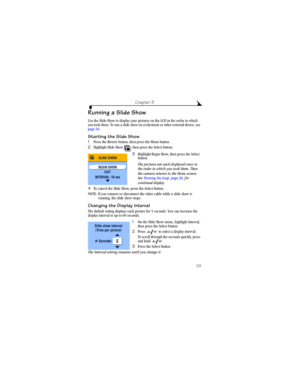 Running a slide show, Starting the slide show, Changing the display interval | Kodak CX4230 User Manual | Page 37 / 108