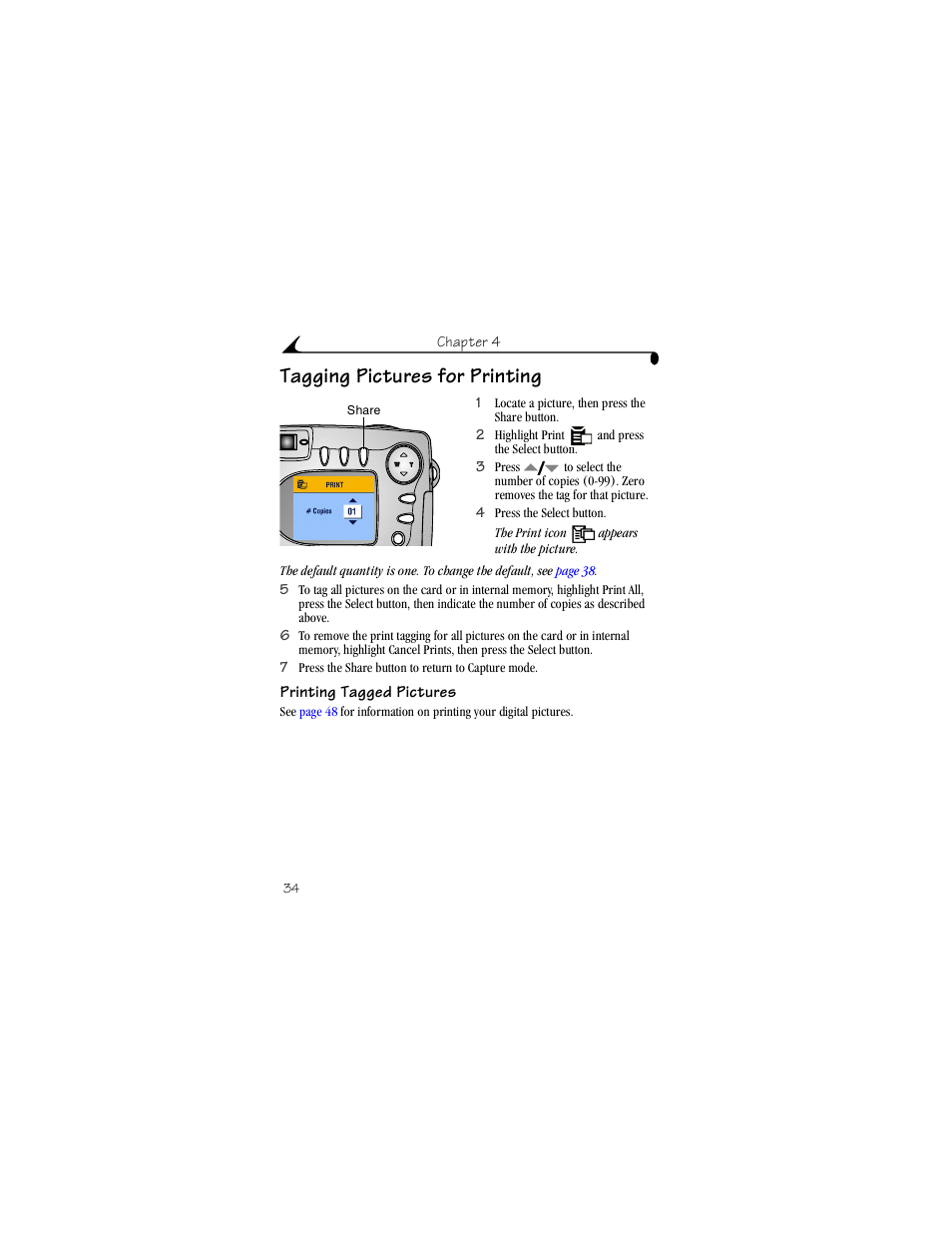 Tagging pictures for printing, Printing tagged pictures | Kodak CX4230 User Manual | Page 42 / 108