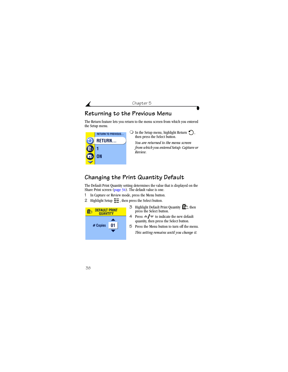 Returning to the previous menu, Changing the print quantity default | Kodak CX4230 User Manual | Page 46 / 108