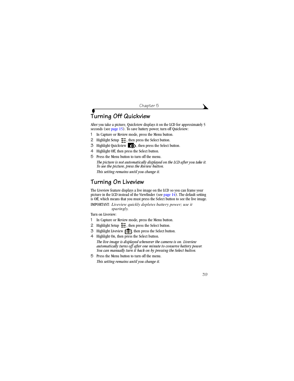 Turning off quickview, Turning on liveview, Turning off quickview turning on liveview | Kodak CX4230 User Manual | Page 47 / 108