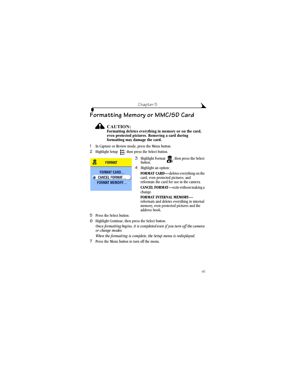 Formatting memory or mmc/sd card | Kodak CX4230 User Manual | Page 49 / 108
