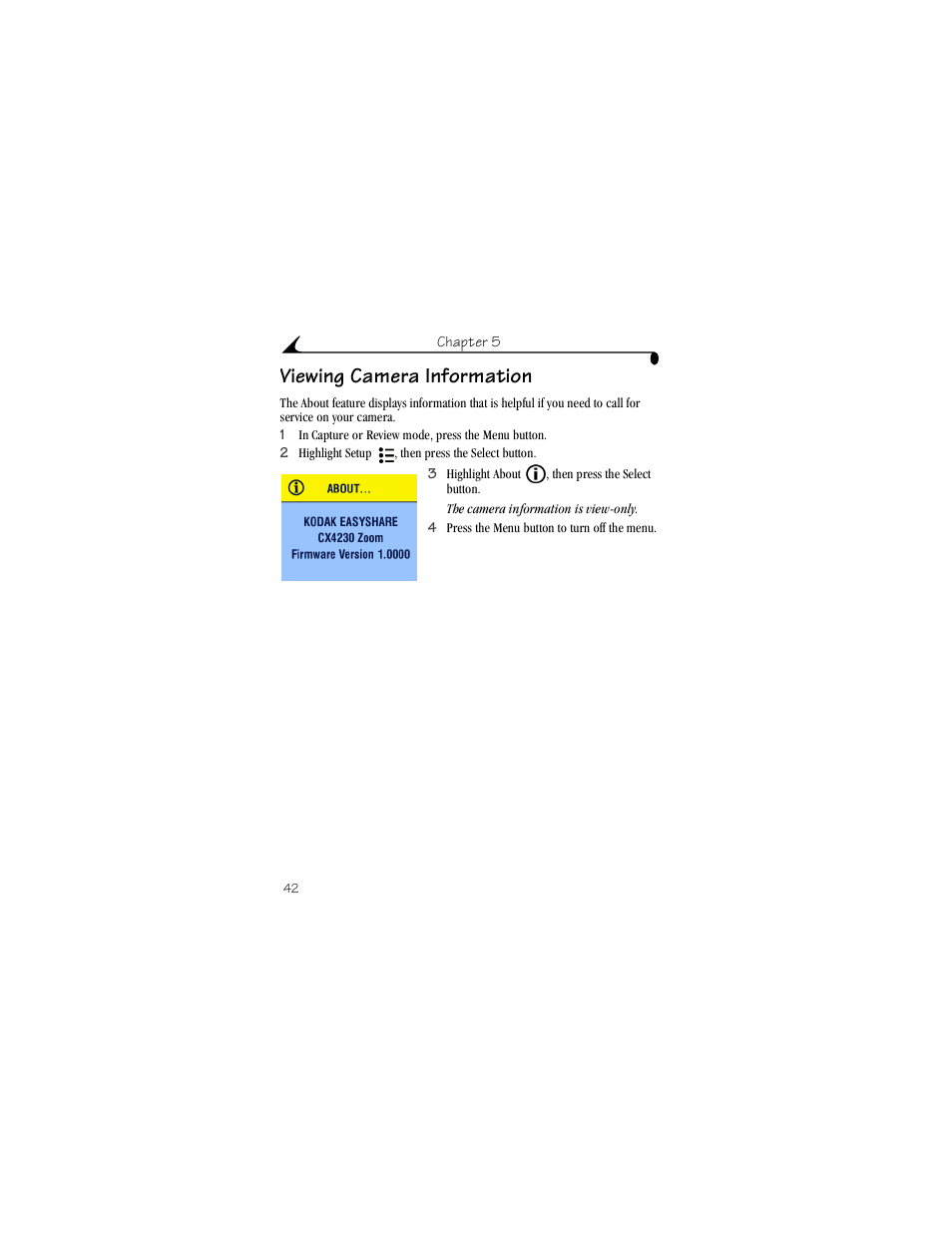 Viewing camera information | Kodak CX4230 User Manual | Page 50 / 108