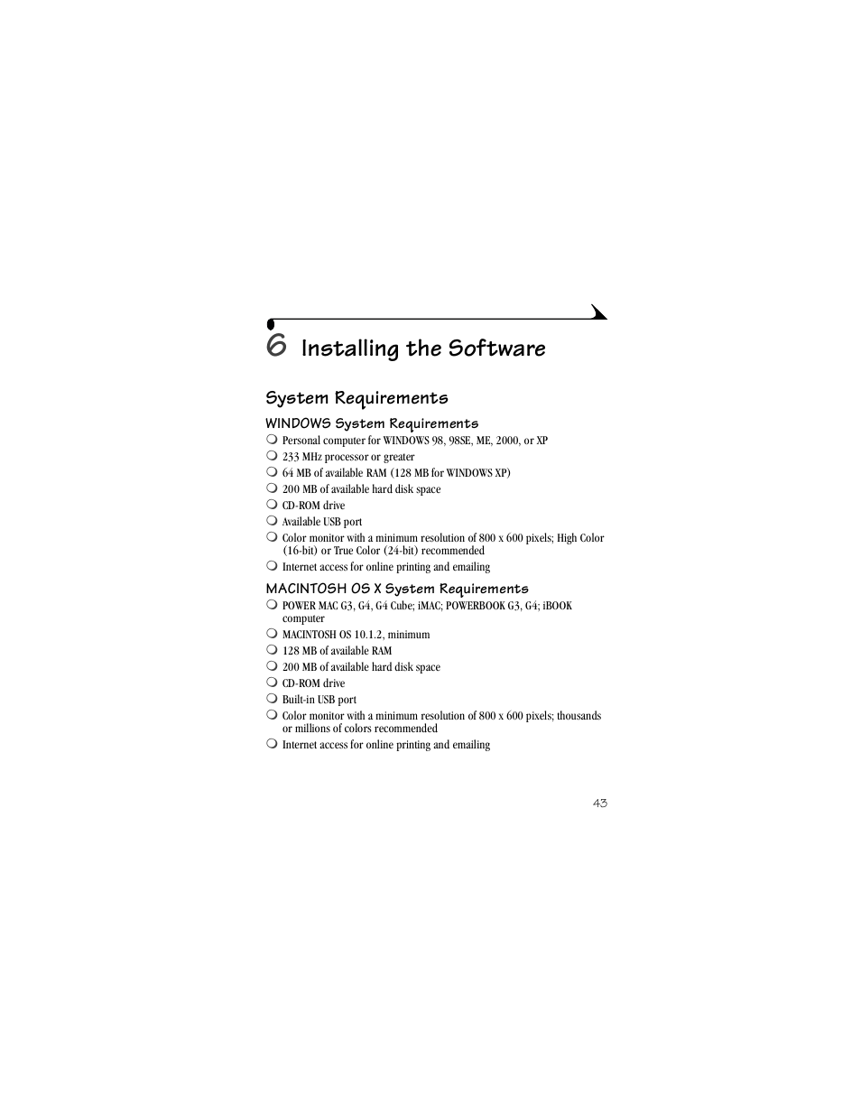 6 installing the software, System requirements, Windows system requirements | Macintosh os x system requirements, Installing the software | Kodak CX4230 User Manual | Page 51 / 108