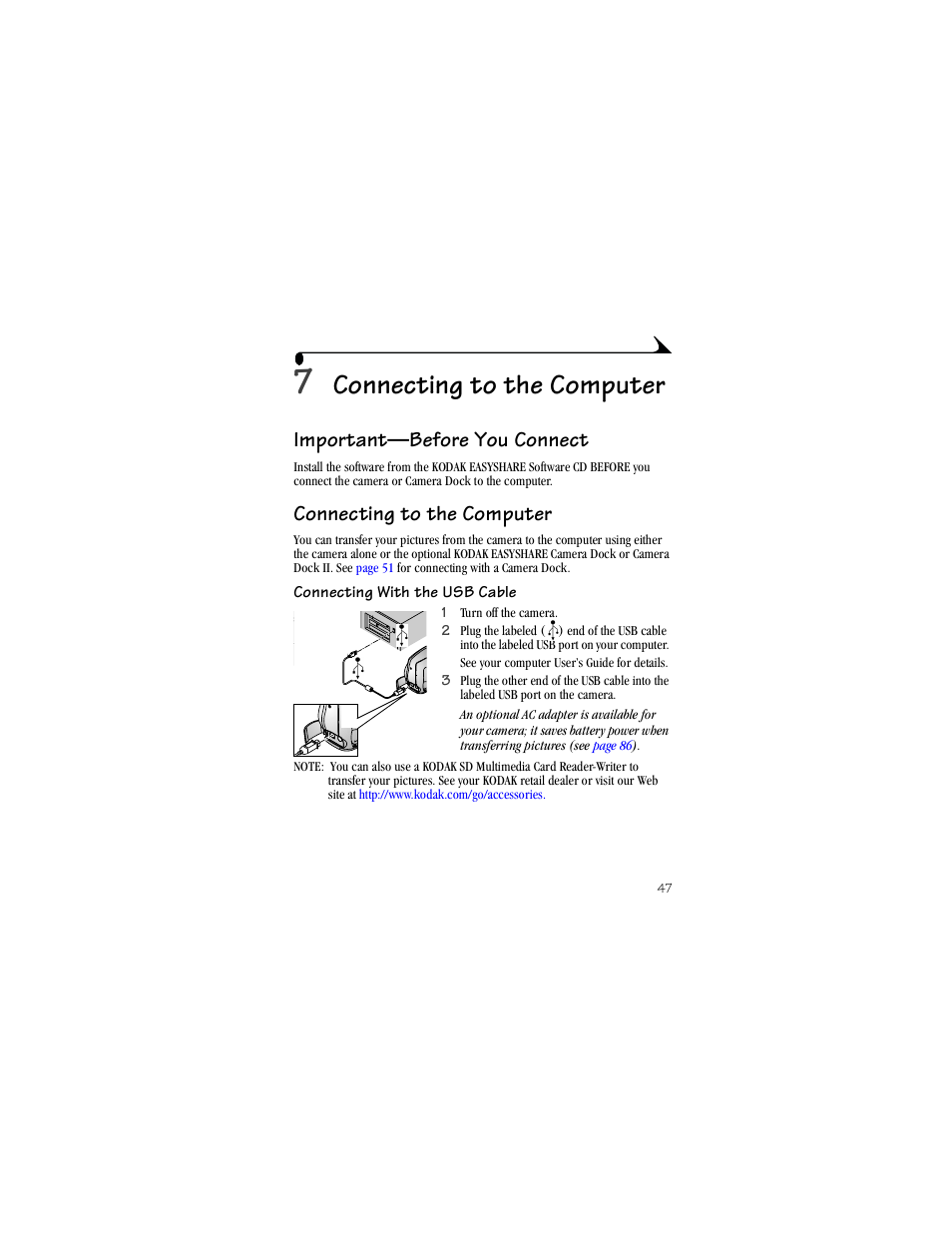 7 connecting to the computer, Important—before you connect, Connecting to the computer | Connecting with the usb cable | Kodak CX4230 User Manual | Page 55 / 108