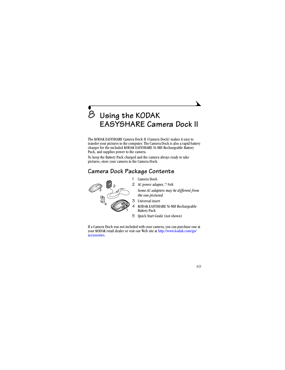 8 using the kodak easyshare camera dock ii, Camera dock package contents, Using the kodak easyshare camera dock ii | Kodak CX4230 User Manual | Page 57 / 108