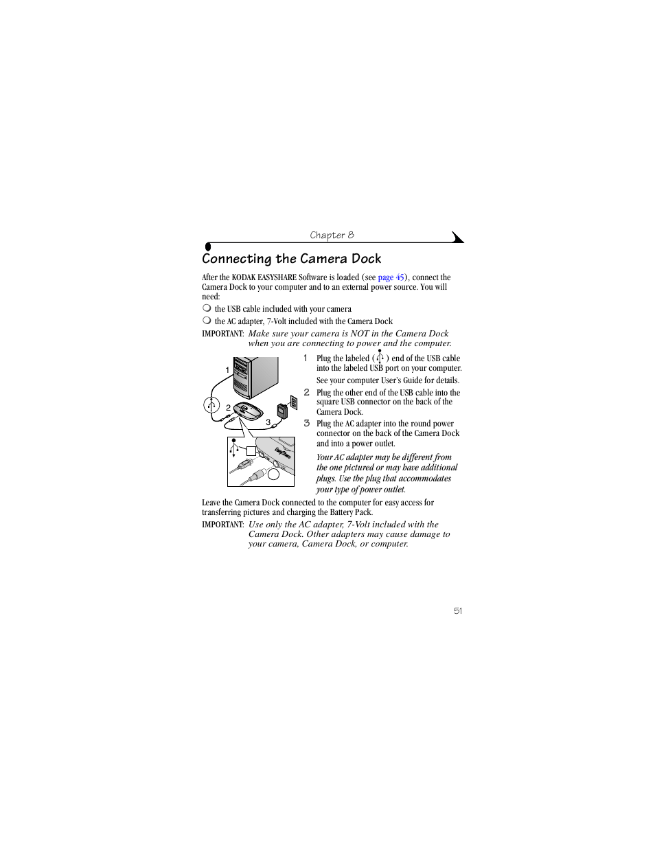 Connecting the camera dock | Kodak CX4230 User Manual | Page 59 / 108