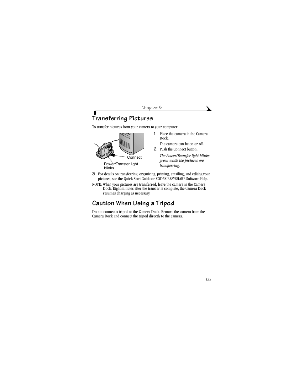 Transferring pictures, Caution when using a tripod | Kodak CX4230 User Manual | Page 63 / 108