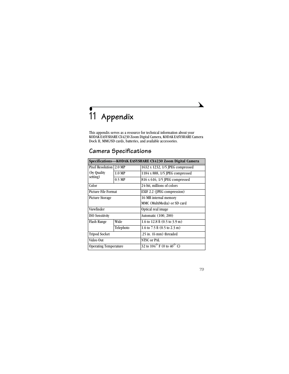 11 appendix, Camera specifications, Appendix | Kodak CX4230 User Manual | Page 87 / 108