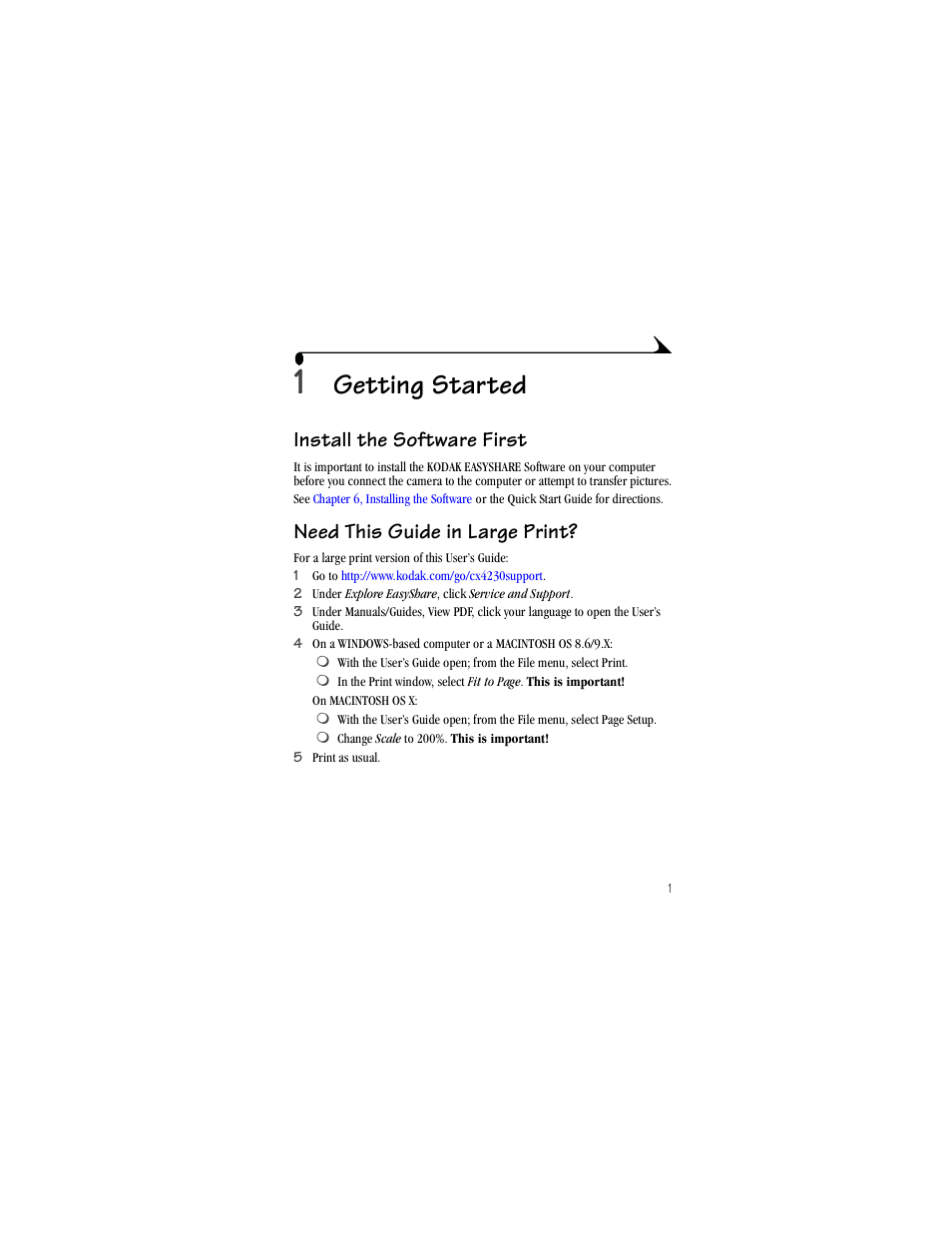1 getting started, Install the software first, Need this guide in large print | Getting started | Kodak CX4230 User Manual | Page 9 / 108