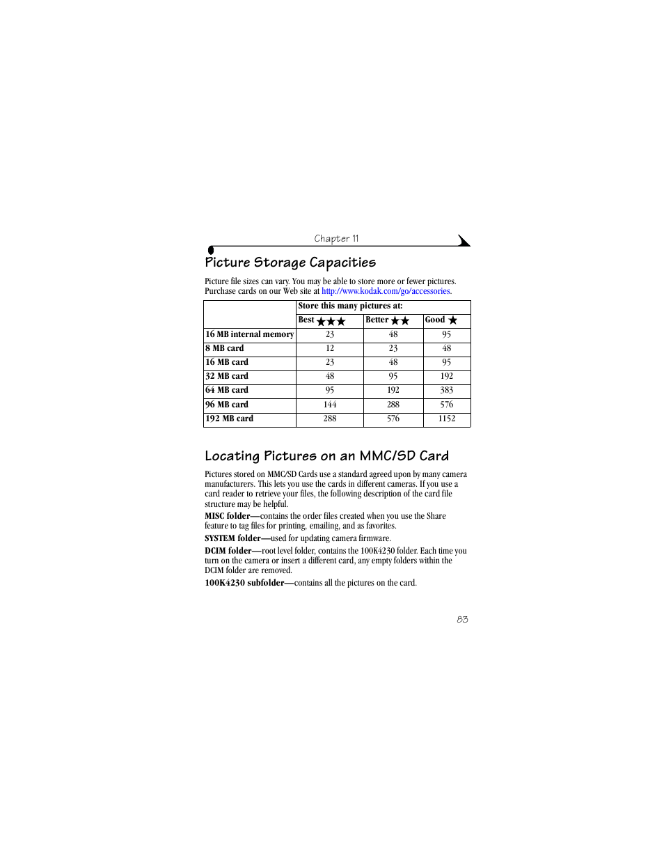 Picture storage capacities, Locating pictures on an mmc/sd card | Kodak CX4230 User Manual | Page 91 / 108