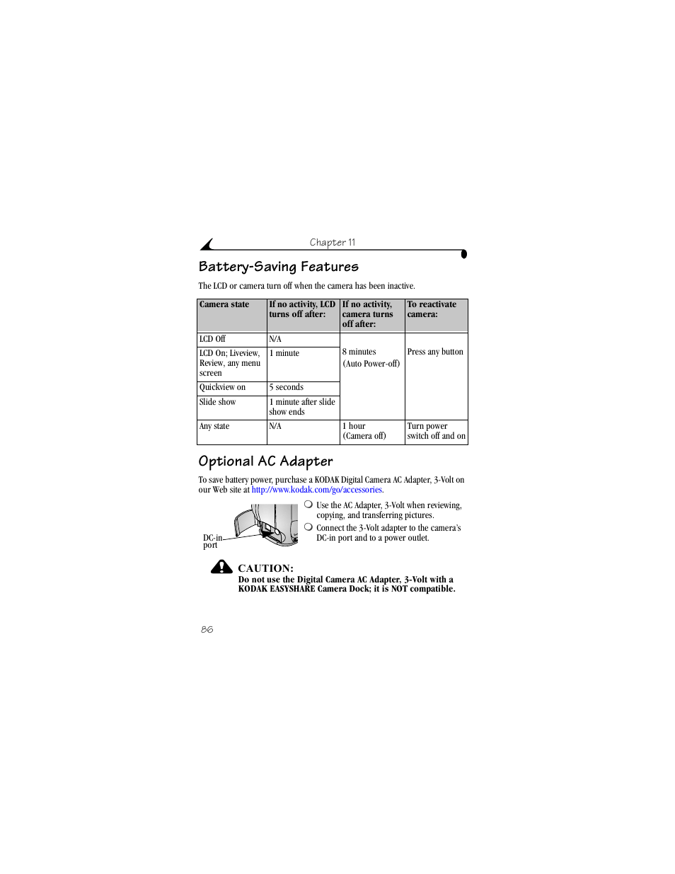 Battery-saving features, Optional ac adapter, Battery-saving features optional ac adapter | Kodak CX4230 User Manual | Page 94 / 108