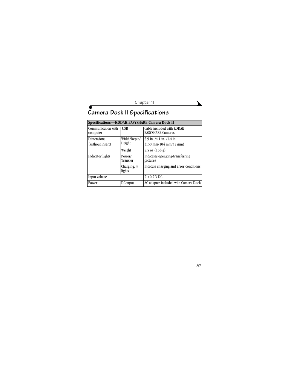 Camera dock ii specifications | Kodak CX4230 User Manual | Page 95 / 108