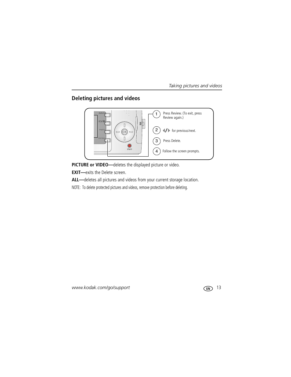 Deleting pictures and videos | Kodak C330 User Manual | Page 19 / 74