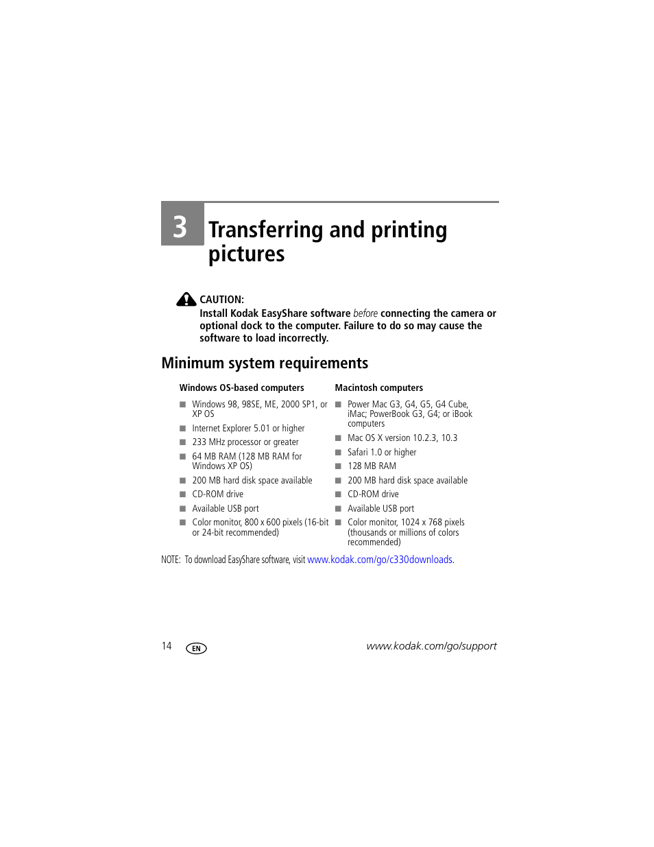 Transferring and printing pictures, Minimum system requirements, 3 transferring and printing pictures | Kodak C330 User Manual | Page 20 / 74