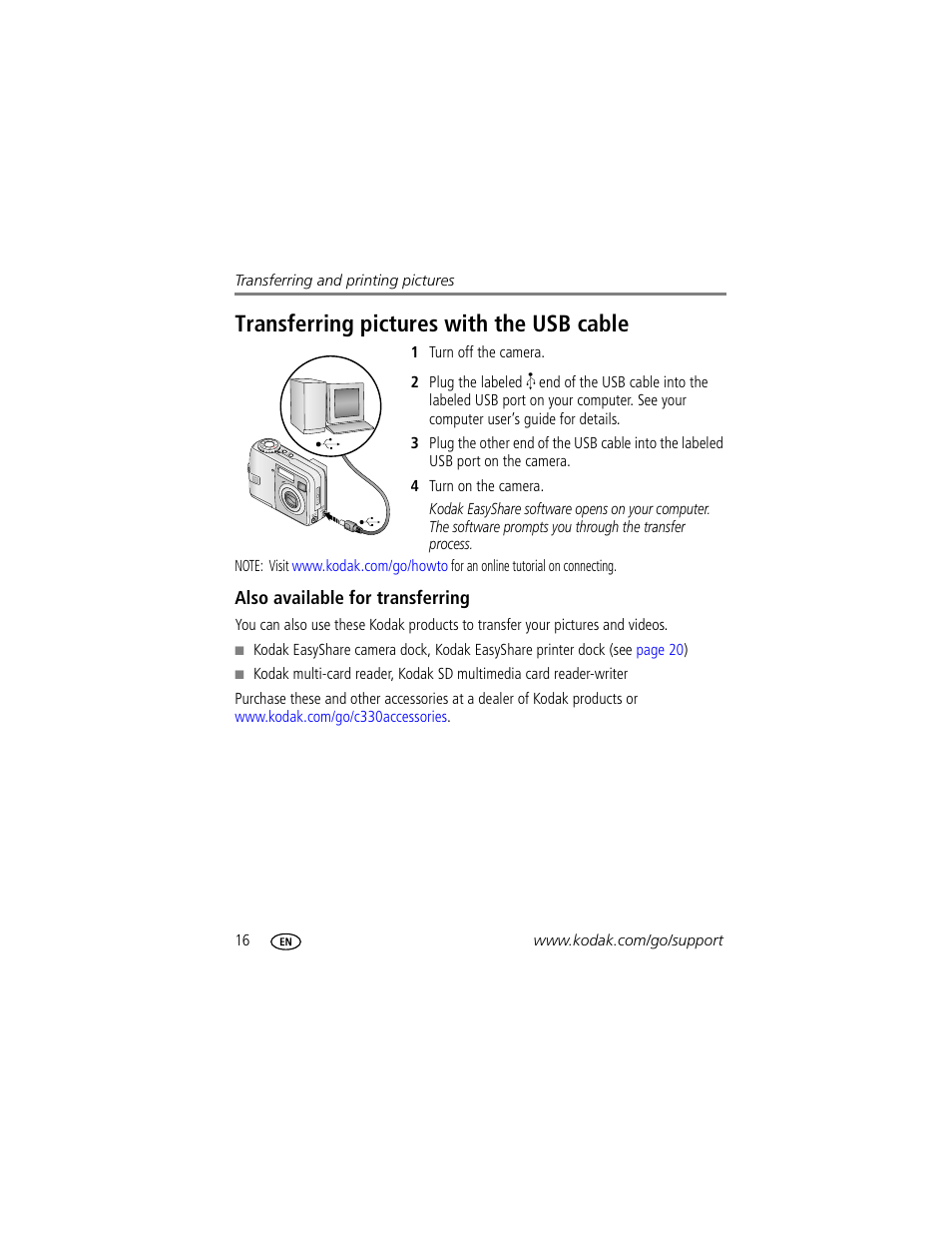 Transferring pictures with the usb cable, Also available for transferring | Kodak C330 User Manual | Page 22 / 74