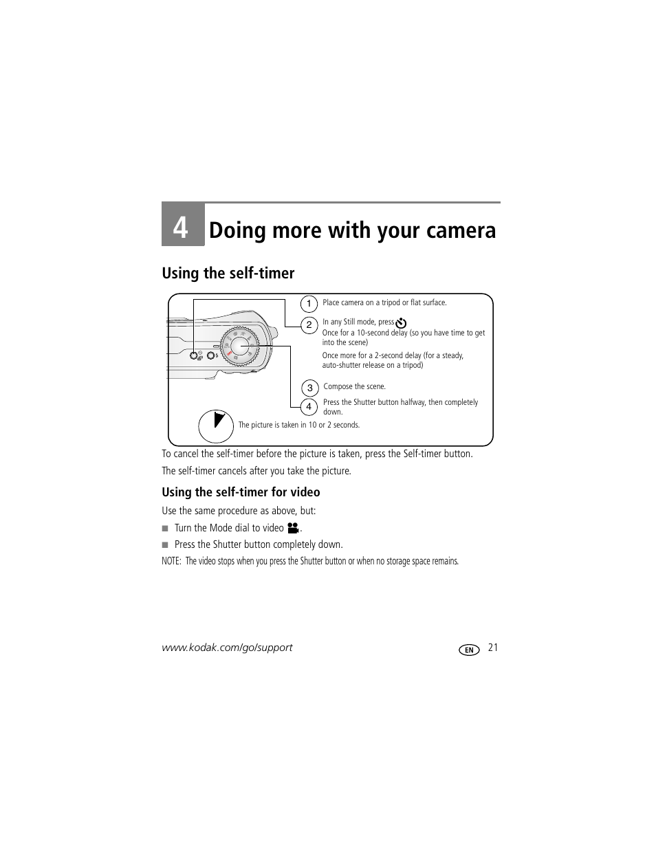 Doing more with your camera, Using the self-timer, Using the self-timer for video | 4 doing more with your camera | Kodak C330 User Manual | Page 27 / 74