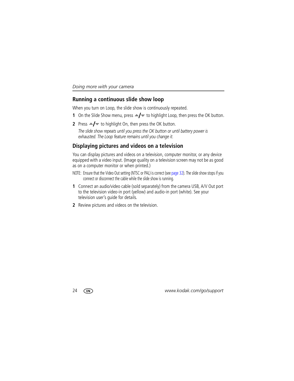 Running a continuous slide show loop, Displaying pictures and videos on a television | Kodak C330 User Manual | Page 30 / 74