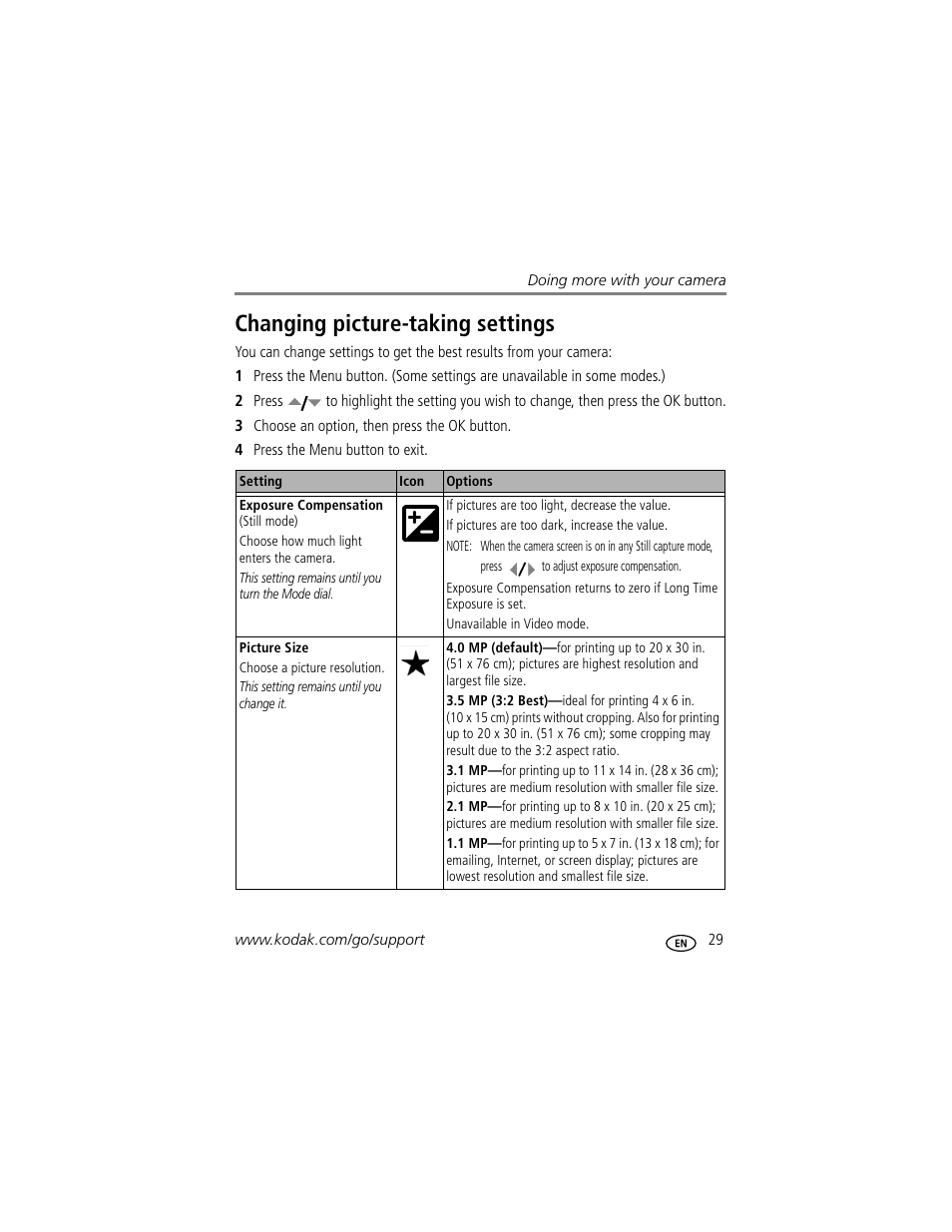 Changing picture-taking settings | Kodak C330 User Manual | Page 35 / 74