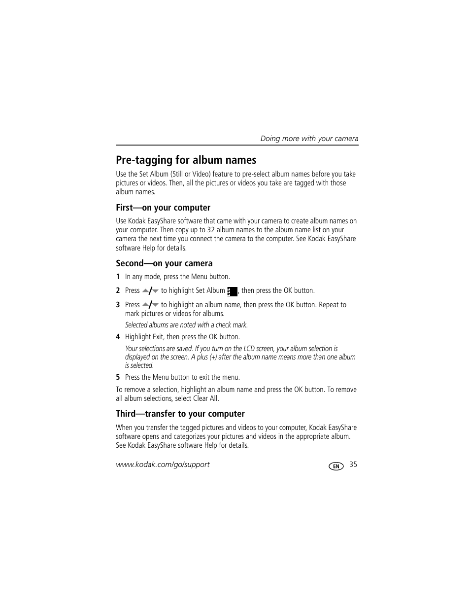 Pre-tagging for album names, First-on your computer, Second-on your camera | Third-transfer to your computer | Kodak C330 User Manual | Page 41 / 74