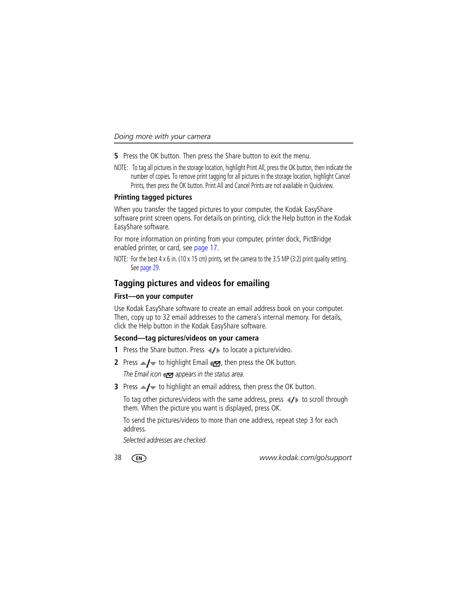 Printing tagged pictures, Tagging pictures and videos for emailing, First-on your computer | Second-tag pictures/videos on your camera | Kodak C330 User Manual | Page 44 / 74