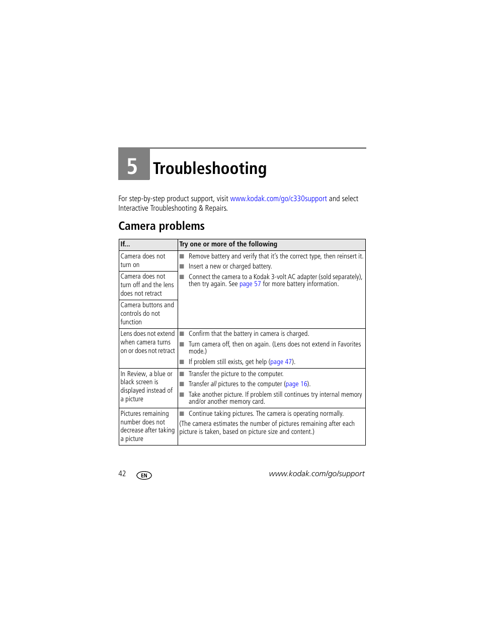 Troubleshooting, Camera problems, 5 troubleshooting | Kodak C330 User Manual | Page 48 / 74